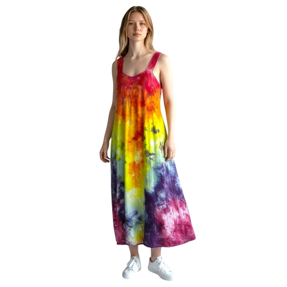 Tie Dye Medium Maxi Dress Handmade Rainbow Eyelet Hem Sleeveless Vacation 1760 - Picture 1 of 15